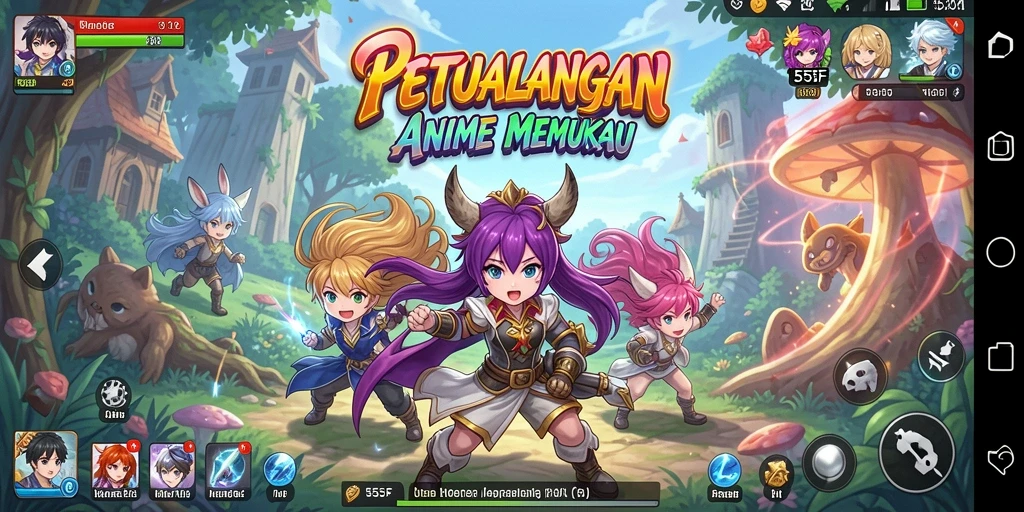 Tampilan gameplay menakjubkan dari 555F dengan karakter anime yang dinamis.