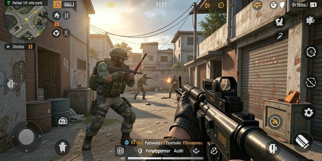Tampilan gameplay menegangkan dalam 666J dengan aksi tembak-menembak yang seru.