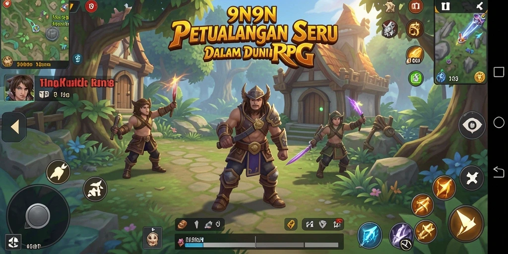 Tampilan gameplay seru dari 9N9N yang menampilkan para pahlawan berjuang melawan monster.