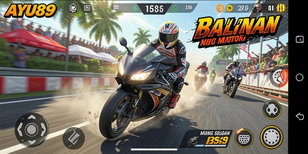 Gameplay AYU89 menampilkan balapan motor yang cepat dan seru di berbagai trek.