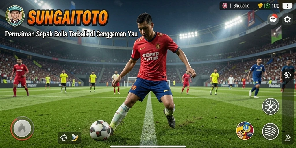 Screenshot gameplay SUNGAITOTO menampilkan aksi seru di lapangan sepak bola.