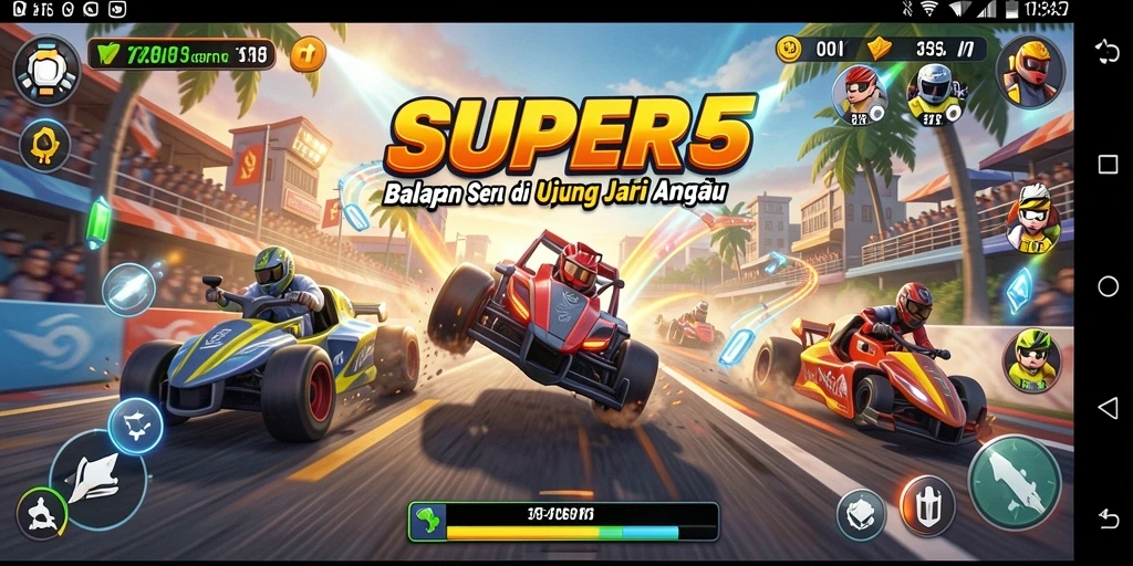 Gameplay SUPER5 dengan mobil balap di trek yang menantang.